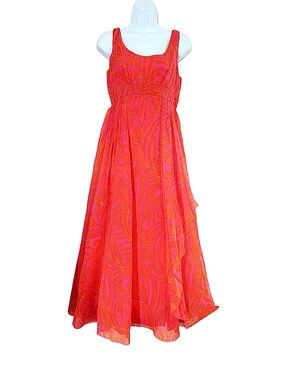 Vintage 60s Pavilion for I. Magnin Bright Pink Orange Patterned Maxi Gown